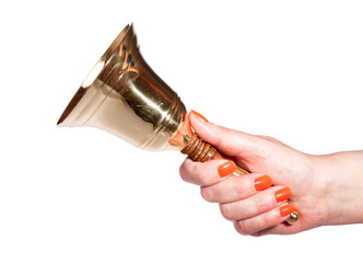 hand with a bell on a white background