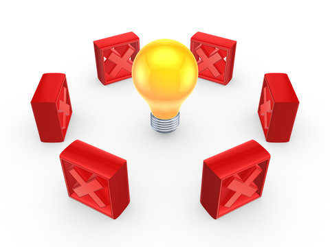 Red crossmarks around yellow lamp.