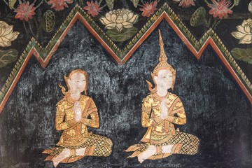 Vintage drawing of Thai buddha gods among men and women
