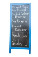 Blue wooden framed breakfast menu