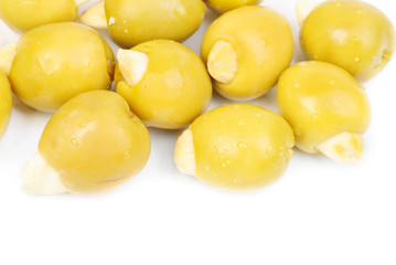 Green olives stuffed with almonds  isolated on white  background