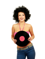 woman in afro wig holding vinil disc