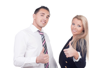 Business man and woman showing thumbs up