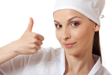 doctor showing thumbs up gesture, isolated on white background