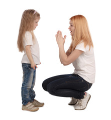 mother and little daughter on white