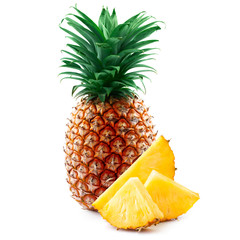 pineapple with slices isolated on white.