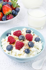 cottage cheese with berries, honey and nuts for breakfast