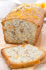 orange cake with poppy seeds, dried apricots, walnuts and honey