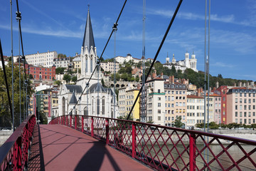 View of Lyon with red footbridge