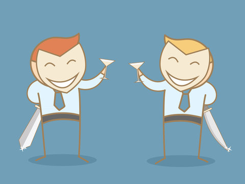 two businessman wearing smile mask friendly fake