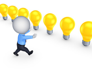 3d small person running to colorful lamps.