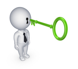 3d small person with vintage key in the head.