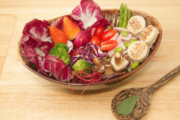 Fusion food,vegetable salad,ham and mursroom
