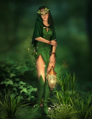 Foto op Plexiglas Feeën en elfen Weinig licht in het diepe bos