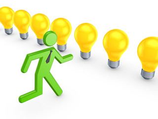 3d small person running to colorful lamps.