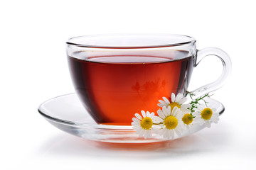 Glass of black tea isolated on white background.