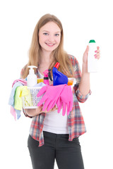 young blond with cleaning equipment isolated on white background