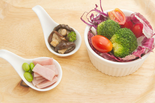 Fusion food,vegetable salad,ham and mushrooms