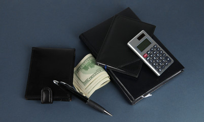 Set of business accessories on gray background