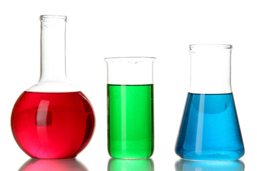 Test tubes with colorful liquids isolated on white