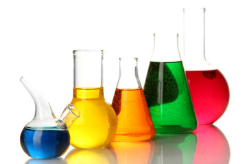 Test tubes with colorful liquids isolated on white