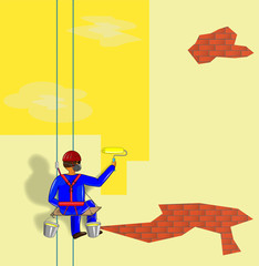 The painter paints the wall-climber on the ropes