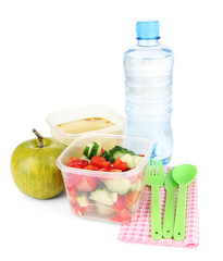 Tasty lunch in plastic containers, isolated on white