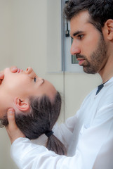 Woman athlete takes physiotherapy therapy massage technique