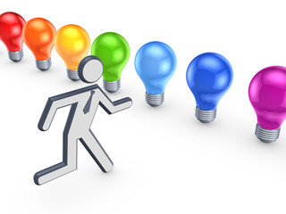 3d small person running to colorful lamps.