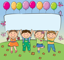 Summer children hold blank banner