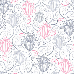 Fototapeta na wymiar Vector gray and pink lily lineart seamless pattern background