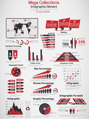 RETRO INFOGRAPHIC DEMOGRAPHIC WORLD MAP ELEMENTS RED