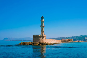 Famous lighthouse in bay in Chania at Crete, Greece - obrazy, fototapety, plakaty
