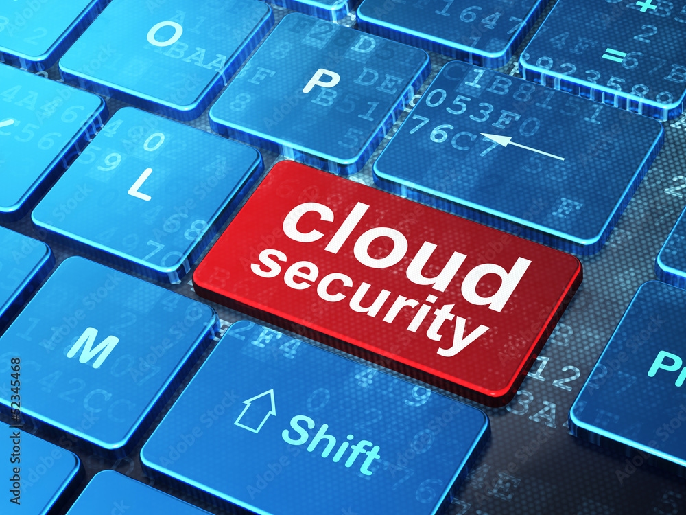 Poster cloud technology concept: cloud security on computer keyboard ba