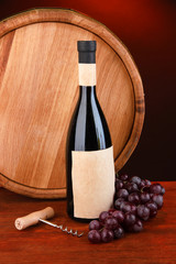 Composition of corkscrew and bottle of wine, grape, wooden