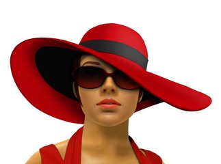 Mannequin in red with big hat and shades