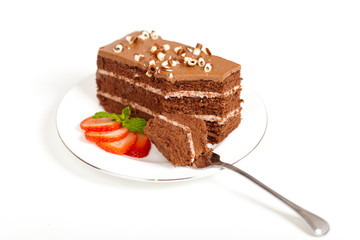 Slice of chocolate cake with strawberry