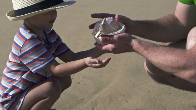 Father and son with beautiful seashell, super slow motion