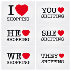 i love shopping, font type with signs, stickers and tags - 52348033