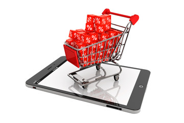 Shopping cart with discount cubes over Tablet PC