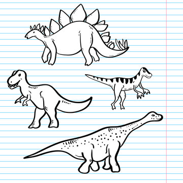 Black and white dinosaurs on a notebook sheet collection, vector
