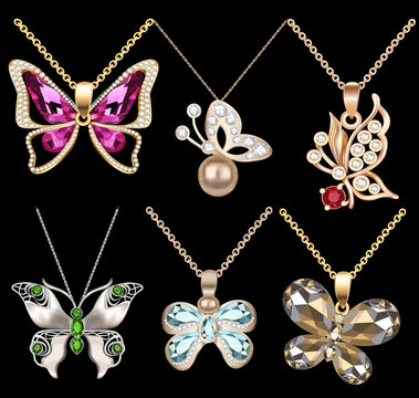 of a set of butterfly pendants with precious stones