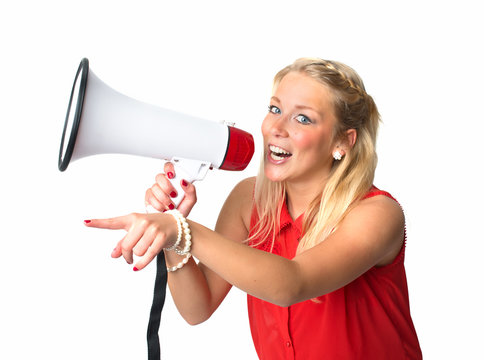 Blonde Frau  mit Megafon