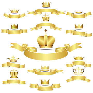 Set of vector golden crown with curves banner