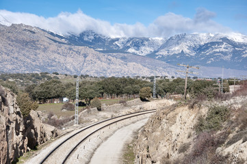 Rail road next to Guadarrama Mountains,  Madrid, Spain