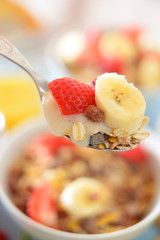 Löffel mit Sojacreme,Müsli und Früchten