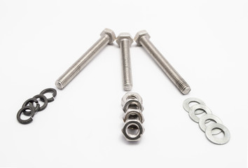 stainless steel bolt; nut; & washer isolated on white background