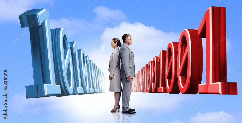 Poster Business people standing back to back with binary code
