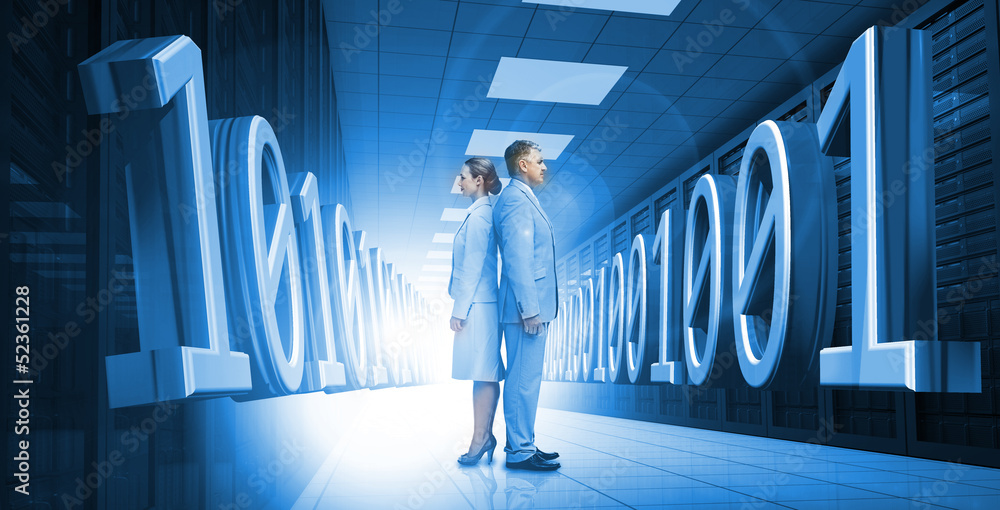 Aufkleber Business people standing back to back with 3d binary code in blu