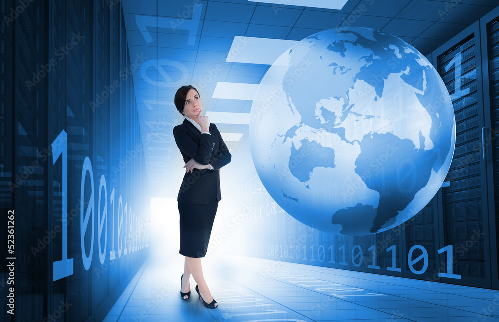 Poster Businesswoman standing in data center with earth and binary code